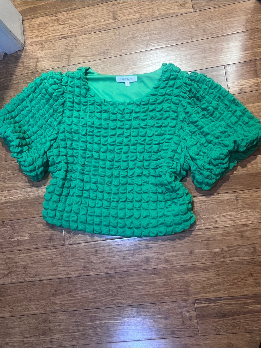 Sugarlips Green Textured Puff Sleeve Crop Top